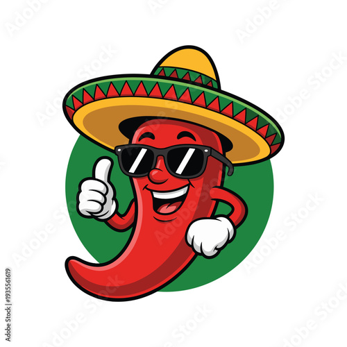 Cartoon red chili pepper wearing sombrero and sunglasses giving thumbs up vector illustration isolated on white background.