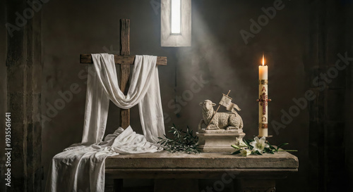  Traditional Christian Easter Altar Decoration with Lamb of God and Draped Cross