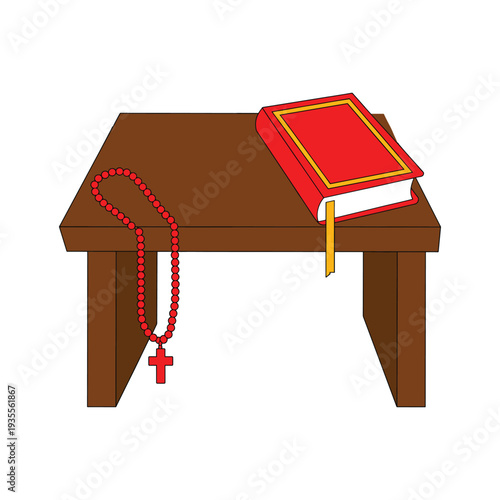 Brown table with red book and rosary beads cross gold trim vector illustration isolated on white background.