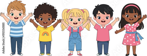 Group of diverse happy children standing with hands raised in the air, joyful childhood concept cartoon illustration