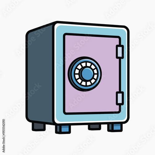 Cartoon safe box with purple door and blue accents security vector illustration isolated on white background.