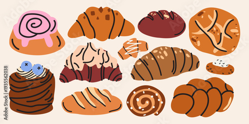Cartoon vector set of assorted bakery products, bread loaves, buns and sweet pastries. Cozy flat groovy illustration of flour goods for cafe menu, bakery branding, stickers, badges, labels