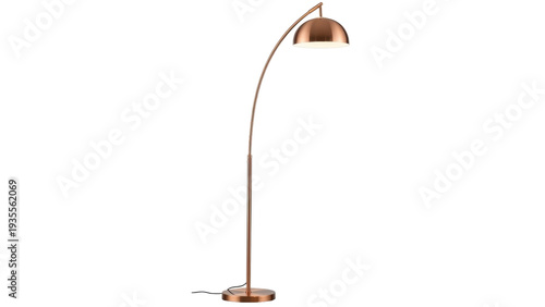 Fotografia Isolated, copper-colored arch lamp with curved arm, light fixture stands up on a