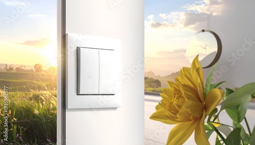 A modern white light switch against a wall, with a sunny landscape outside