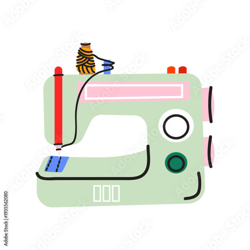 Cute vector illustration of a sewing machine with threads and pins. Hobby, handmade and crafting concept icon for fashion designer or tailor studio
