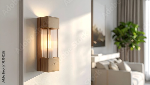 A modern, rectangular wall sconce emits warm light, casting shadows on the white wall