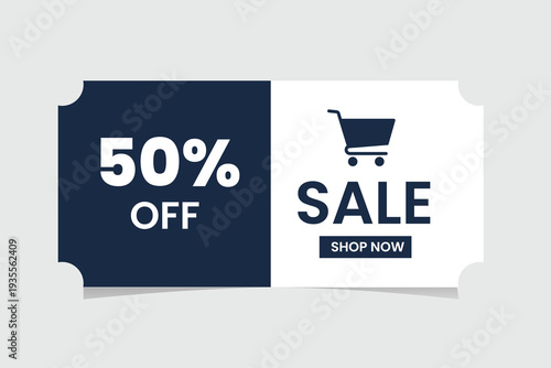 A sale banner with a shopping cart and text offering 50% off and encouraging immediate purchase. Vector