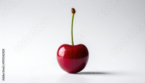 Single Red Cherry with Stem on White Background.