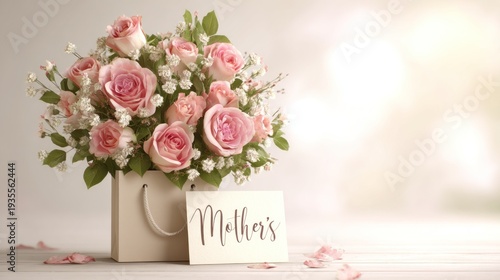 Pink roses and baby's breath bouquet in a gift bag with a Mother's Day card