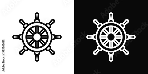 Ship Wheel Icon In Black And White Filled Style.