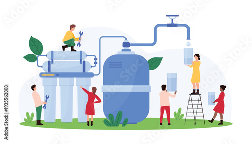 Vector illustration of people working on water filtration systems, highlighting clean water initiatives, sustainability, and environmental conservation. Eco-friendly and water resources
