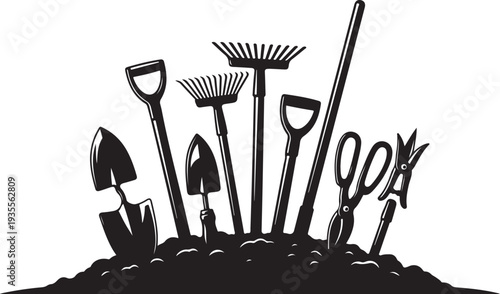 Gardening tools silhouette on a pile of soil illustration