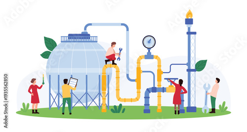 Gas industry pipe system and tank inspection, pressure control. Tiny people work on refinery and chemical plant, check LPG and LNG industrial containers for safety cartoon vector illustration