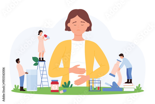 Vector illustration of tiny people using ladders and tools to address a woman abdominal pain, focusing on healthcare, medical intervention, and treatment of digestive issues.