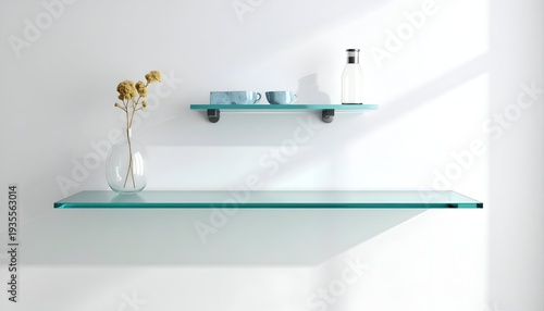 Minimalist shot featuring glass shelves on a white wall with decor