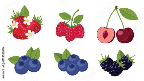 Collection of various fresh forest berries including strawberries, raspberries, cherries, blueberries, and blackberries with leaves.