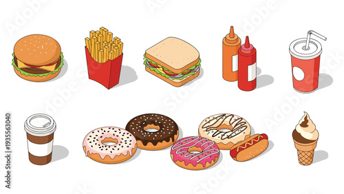 Large set of isometric fast food icons including burgers, fries, sandwiches, donuts, hot dogs, ice cream, and drinks for menu design.