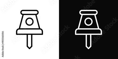 Push Pin Icon In Black And White Filled Style.