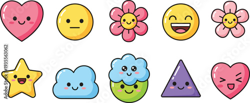 Set of cute kawaii stickers including hearts, stars, flowers, clouds and smiley faces, vector cartoon illustration