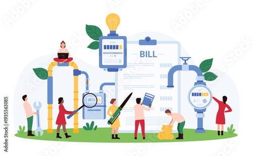Vector illustration of tiny people calculating and managing utility bills using tools and meters, focusing on energy consumption, financial management, and efficiency.