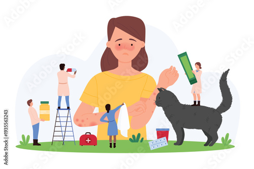 Vector illustration of tiny people diagnosing and treating a woman with a fur allergy, focusing on healthcare, medical intervention, and allergy relief.