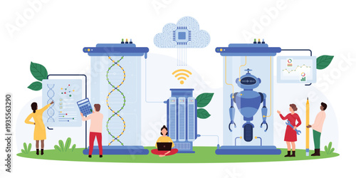 Vector illustration of tiny people working in a laboratory with DNA, robotics, and data analysis, highlighting scientific research, innovation, and technology development.