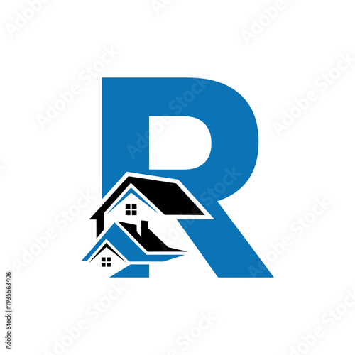 Blue letter R logo with two house icons