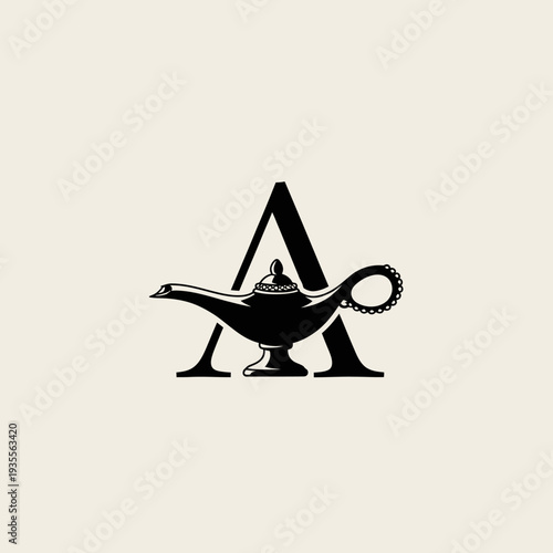 Genie lamp and letter A logo design on light background