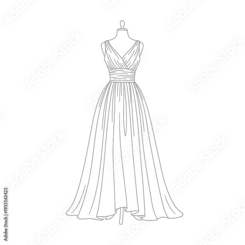 Elegant long dress on mannequin fashion line art drawing