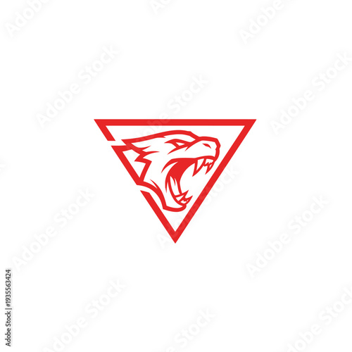 Fierce red animal head roaring inside a modern triangular logo.