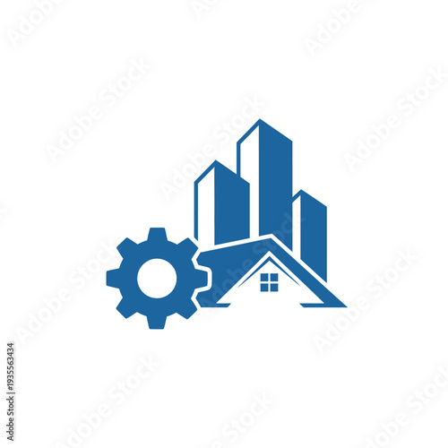 Gear house and city buildings logo on white background
