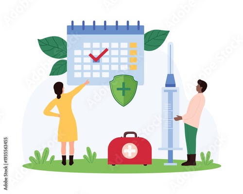Tiny people organizing a vaccination schedule with a large calendar, medical kit, and syringe, highlighting healthcare planning and immunization vector illustration.