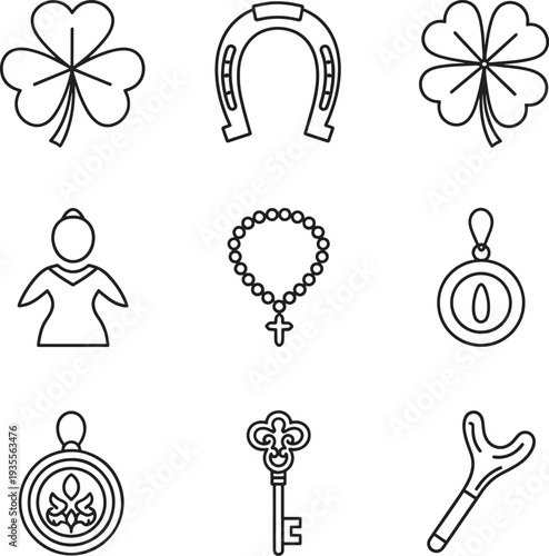 Lineart icons of clover horseshoe rosary pendant key  various religious and lucky symbols in simple black and white outline style