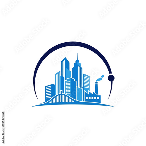 Modern city skyline with bridge, factory, and arc symbol