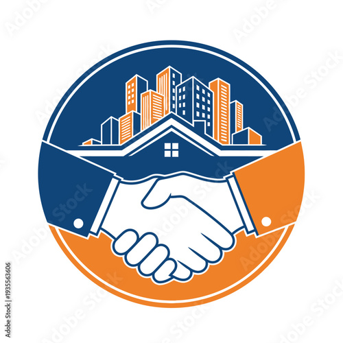 Real estate partnership handshake over house and city buildings logo