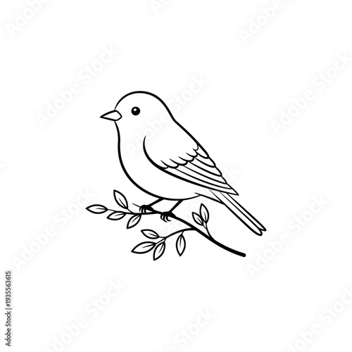 Simple line art bird perched on a leafy branch illustration