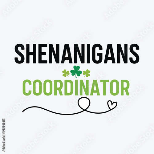 Shenanigans coordinator logo with shamrocks and heart symbol on white background