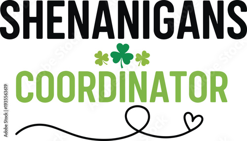 Shenanigans coordinator logo with shamrocks and heart design elements on white background
