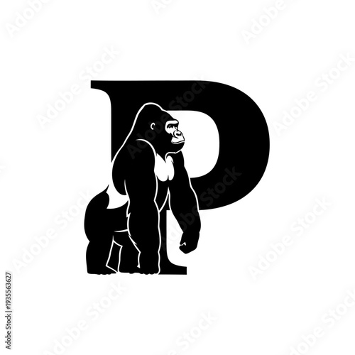 Strong gorilla silhouette standing in front of capital letter P