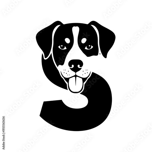 Smiling dog head forming letter S in black and white