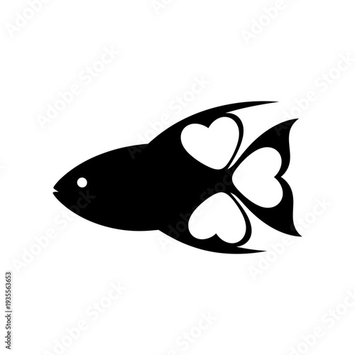 Stylized black fish icon with heart shaped fins