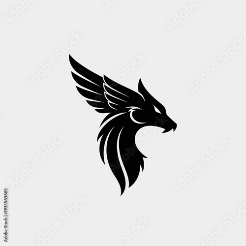 Powerful stylized black winged creature head logo design