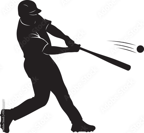 Baseball player swinging bat hitting ball in motion silhouette