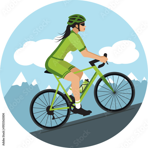 Female cyclist climbing a mountain pass. Hand-drawn vector illustration. Flat design in khaki and green.