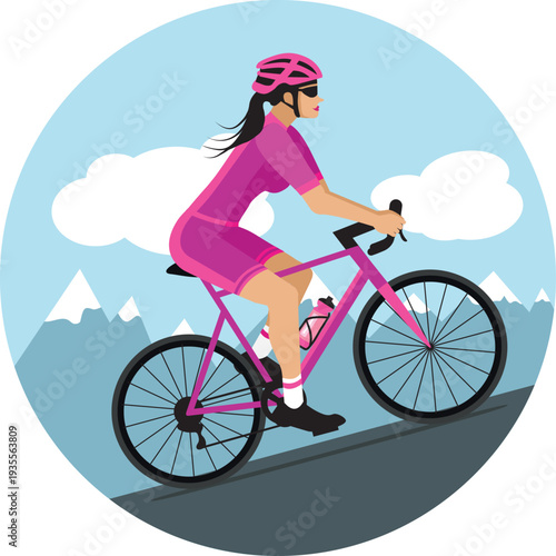 Female cyclist climbing a mountain pass. Hand-drawn vector illustration. Flat design in pink and purple.