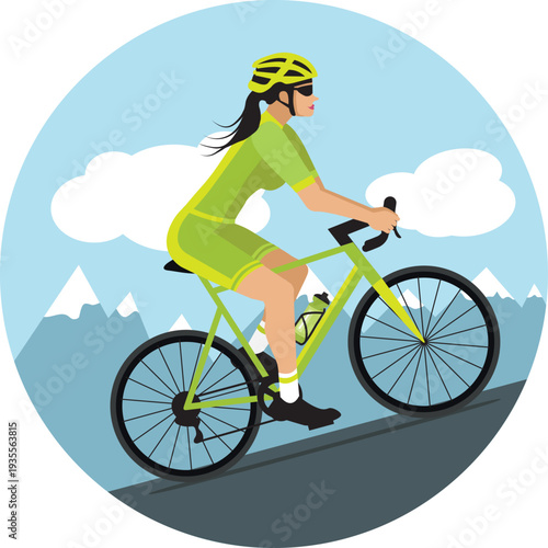 Female cyclist climbing a mountain pass. Hand-drawn vector illustration. Flat design in green.