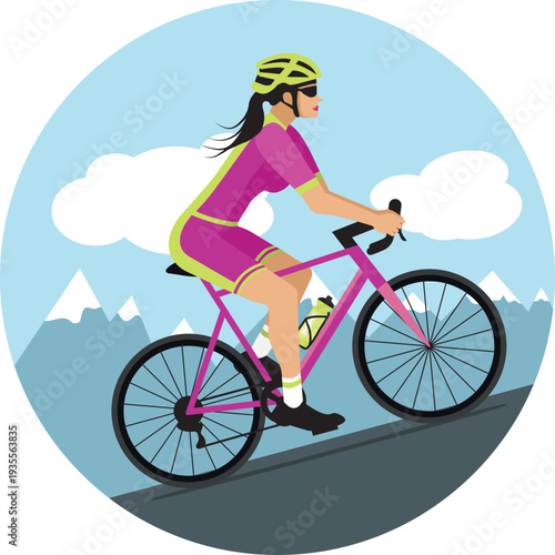 Female cyclist climbing a mountain pass. Hand-drawn vector illustration. Flat design in purple and green.