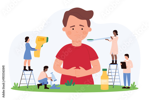 Vector illustration of tiny people diagnosing and treating a childs abdominal pain, focusing on pediatric healthcare, medical intervention, pain relief, and overall child wellness.