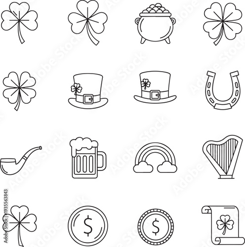 St Patricks Day icons including four leaf clovers pots of gold coins and Irish symbols like harp and rainbow  luck and celebration