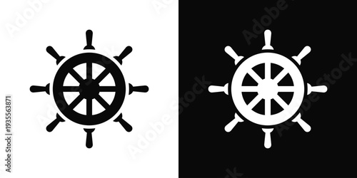 Ship Wheel Icon In Black And White Filled Style.